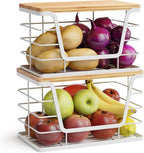 ALOCEO 2 Pack Potato and Onion Storage Bins, Large Trash Bag Holder Under Sink with Bamboo Top, Stainless Steel Pantry Organizers Storage, Kitchen Counter, White