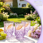 24 Pack Plastic Stemless Wine Glasses,12oz Unbreakable Vintage Elegant Drinking Glass Set,Reusable Fancy Cocktail Cups for Party, Wedding, and Bulk Events (24, 12oz-Purple)