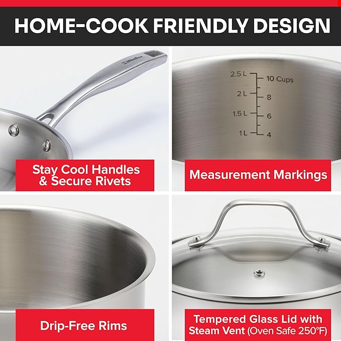 Mueller 17-Piece Stainless Steel Pots and Pans Set – Tri-Ply Ultra-Clad Pro Cookware Set, Induction Ready, Oven Safe, Even-Heat Aluminum Core, Includes Skillets, Saucepans, Dutch Oven, Stockpot