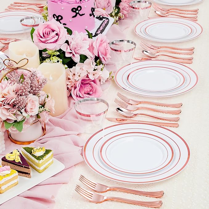 WELLIFE 600 PCS Rose Gold Disposable Dinnerware Set for 100 Guests, Valentine's Day Plate, 100 Each-Dinner & Salad Plates, Cups, Forks Knives Spoons for Wedding Reception and Mothers Day Plates