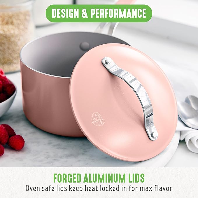 GreenLife 10-Piece Nonstick Ceramic Cookware Set, Lightweight Healthy PFAS-Free Pots & Pans with Lids, Dishwasher & Oven Safe, Durable Body, Silicone Stay-Cool Handles, Easy Release, Pink
