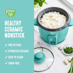 GreenLife Rice Cooker with Removable PFAS-Free Ceramic Nonstick Pot, 3-Cups Uncooked/6-Cups Cooked, Grains & Oatmeal Multicooker, Compact One-Switch Design, Auto Keep Warm, Easy Clean, Turquoise