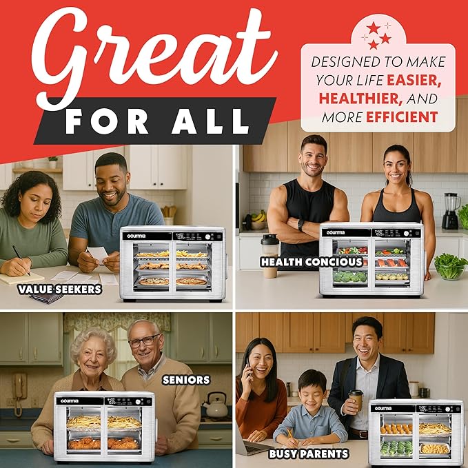 Gourmia French Door Digital Air Fryer Oven - XL 37QT Capacity, 12 Presets, FryForce 360° Tech, Dehydrate, Proof, Slow Cook, Fits 13” Pizza, 1700W, Stainless Steel