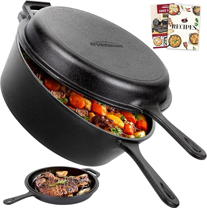 Overmont Cast Iron Skillet with Lid - 2-in-1 Cast Iron Dutch Oven - 3.2QT Deep Pot with Frying Pan - Pre-seasoned Cookware Multi Cooker Skillet - Dutch Oven Pot with Recipe for Grill Induction Stovetop Camping(10.5")