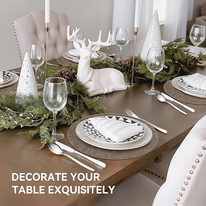 13" Round Placemats Set of 4, Reversible Faux Leather Heat Resistant Table Mats, Waterproof Oilproof Wipeable Table Protective Placemats for Vinyl, Washable for Indoor & Outdoor Use (4, Dark Coffee)