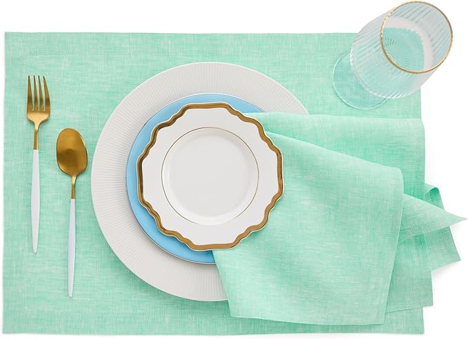 Solino Home Linen Cloth Napkins Set of 4-100% Pure Linen Chambray Aqua Dinner Napkins 20 x 20 Inch for Winter - Athena, Handcrafted and Machine Washable