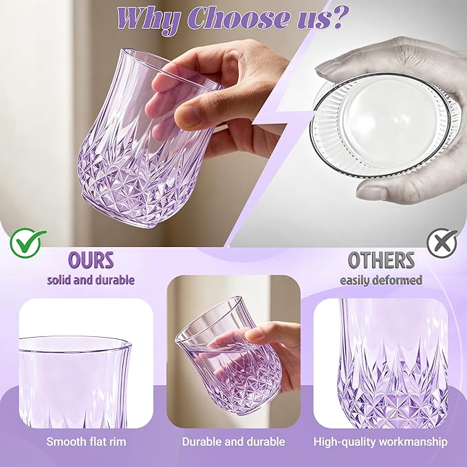 24 Pack Plastic Stemless Wine Glasses,12oz Unbreakable Vintage Elegant Drinking Glass Set,Reusable Fancy Cocktail Cups for Party, Wedding, and Bulk Events (24, 12oz-Purple)