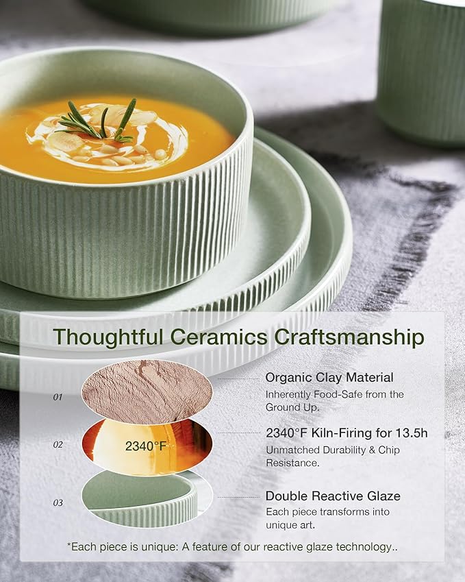 Famiware Star 16-Piece Stoneware Dinnerware Sets for 4 - Shallow Pasta Bowls & Flat Plates, Modern Rustic Reactive Glaze Dishes, Chip & Scratch Resistant, Microwave & Dishwasher Safe, Matte Sage Green