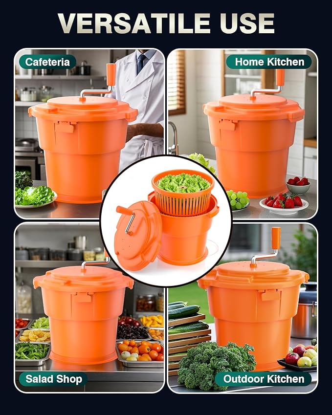 WantJoin Commercial Salad Spinner - 6 Gallon Salad Dryer w/Silicone Anti-slip Mat & Draining Hose, Orange, 24Qt Manual Salad Spinner for up to 7 Heads of Lettuce Spinner Large for Catering