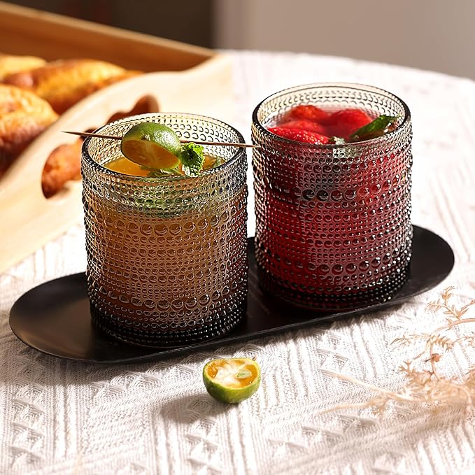Moretoes Hobnail Drinking Glasses Set of 12,10 Oz Cocktail Glasses Vintage Glassware, Textured Glass Cups Bubble Glasses Water Glasses Old Fashion Jupiter Glasses Set (Gray)