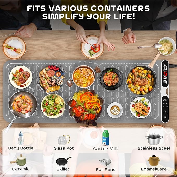 Extra Large Food Warming Mat 580W (XXXL 40"X15"), Electric Warming Tray Silicone Food Warmers for Parties Buffet with Insulated Mat, 7-Temp & 8H Timer, Fast Heating Portable Heating Pad for Daily Use