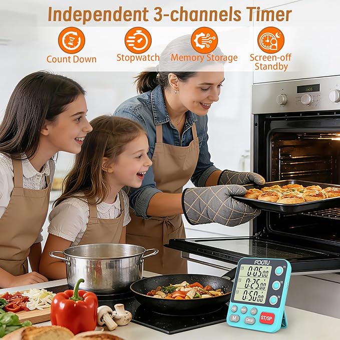 FCXJTU Digital Dual Triple Kitchen Timer, 3 Channels Magnetic Countdown Stopwatch Timer for Cooking, Loud Alarm Large Display Multi Food Memory Timer for Seniors & Teachers Battery Included (Blue)