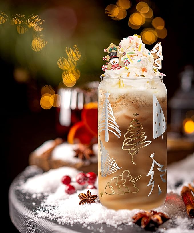 Christmas Cups, 18oz Christmas Iced Coffee Glass Cups with Lids and Straws White Elephant Gifts for Adults Colorful Xmas Tree Elk Tumbler Drinking Glasses Christmas Teacher Gifts for Women Men