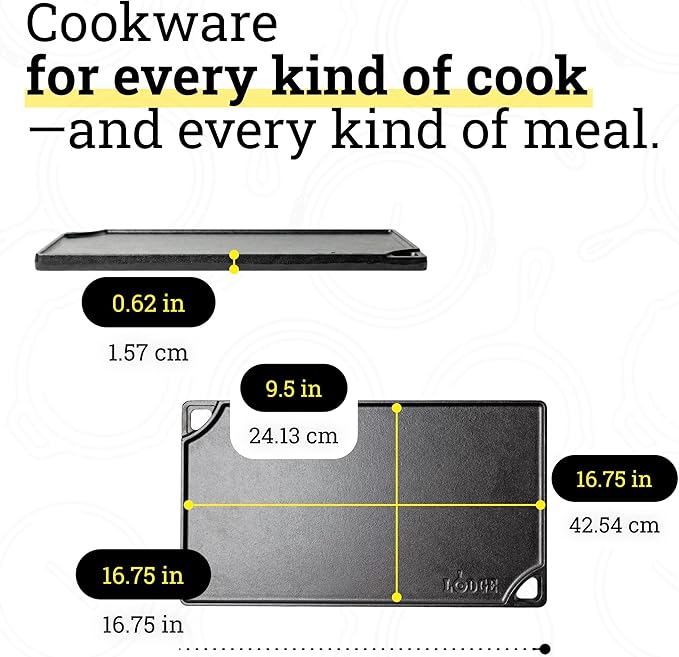 Lodge Double Play Reversible Cast Iron Grill/Griddle - Dual-Sided with Double Burner Configuration for Eggs, Pancakes, Burgers & More - Seasoned, Non-Toxic Cookware - Heavy-Duty Grill Pan - Black