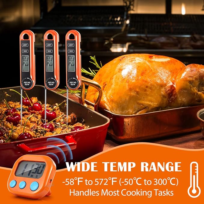 Kingdder 12 Pcs/ 6 Sets Meat Thermometer Digital with Magnetic Kitchen Timer Kit, Fast Instant Read & Waterproof & Foldable Food Thermometer & Kitchen Timer Bulk for Cooking, Grilling, Candy, BBQ
