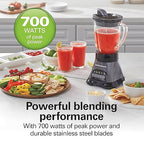 Hamilton Beach Blender and Food Processor Combo for Shakes & Smoothies, With 3 Cup Electric Food Chopper Attachment, 40 oz Glass Jar, Blender Travel Cup, 700 Watts Peak Power, Gray & Black (58163)