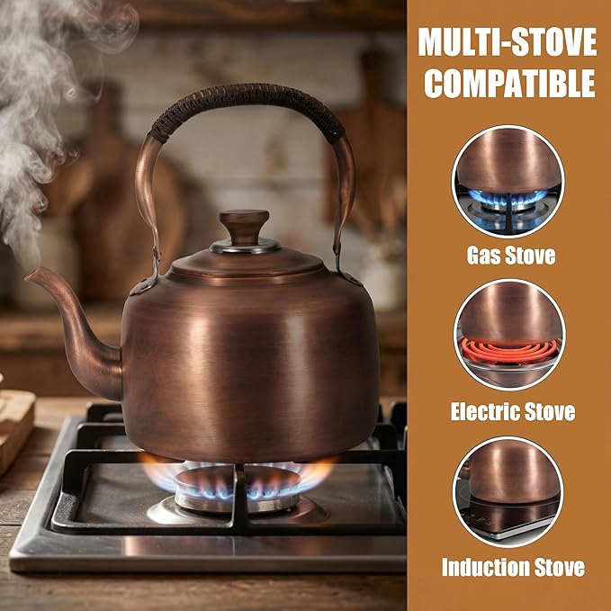 Tea Kettle Stovetop Whistling Copper Tea Pot for Stove 3.2QT Teapot Kettle Stovetop with Loud Whistle Lid, Vintage Kettles for Stove Top, Fast Boiling Water, Teapot for Induction, Electric, Gas Stoves