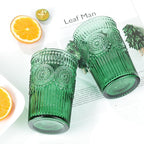Joeyan Green Vintage Drinking Glasses,Embossed Ribbed Water Glass Cups,Colored Sunflower Patterned Highball,Beaded Tumblers Glassware Set for Beverages Juice,12 oz,Set of 4,Dishwasher Safe