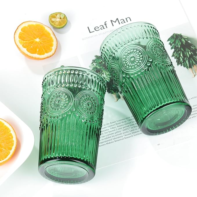 Joeyan Green Vintage Drinking Glasses,Embossed Ribbed Water Glass Cups,Colored Sunflower Patterned Highball,Beaded Tumblers Glassware Set for Beverages Juice,12 oz,Set of 4,Dishwasher Safe