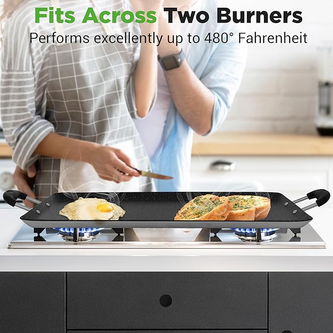 Nutrichef Double Burner Griddle, Non-Stick Stove Top Griddle for Gas Stove, Dishwasher Safe, Heatproof Bakelite Handles, Even Heat Distribution, PFOA & PFOS Free, 20” x 12” x 0.8” Inch (Black)