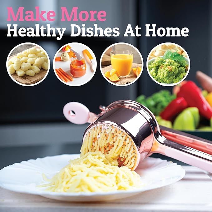 PriorityChef Large 15oz Potato Ricer, Heavy Duty Stainless Steel Potato Masher and Ricer Kitchen Tool, Press and Mash Kitchen Gadget For Perfect Mashed Potatoes - Everytime, Rose Gold and Pink