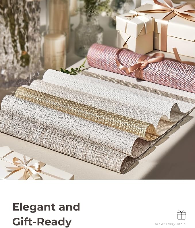 Leetaltree Luxury Pink Iridescent Placemats Set of 8 - Waterproof Washable for Wedding, Anniversary, Festive and Daily Use - Sparkling Table Mats Table Decor - Hand-Cut