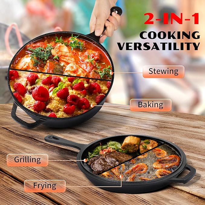 Overmont Cast Iron Skillet with Lid - 2-in-1 Cast Iron Dutch Oven - 3.2QT Deep Pot with Frying Pan - Pre-seasoned Cookware Multi Cooker Skillet - Dutch Oven Pot with Recipe for Grill Induction Stovetop Camping(10.5")