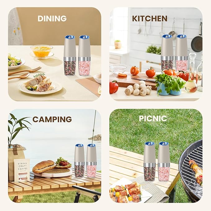 Gravity Electric Salt And Pepper Grinder Set, Automatic Salt And Pepper Grinder Set, Battery Powered (6 AAA Batteries Each), Adjustable Roughness, LED Light, 2 Pack, (Khaki)