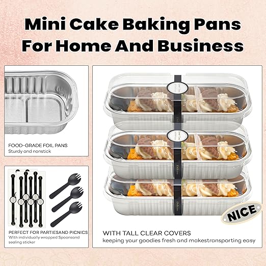 NPLUX 50 PACK Mini Cake Pans with Lids and Spoons, Rectangular Aluminum Foil Bread Pan, Mini Loaf Pans and Food Containers with Lids(Silver, 6.8oz)