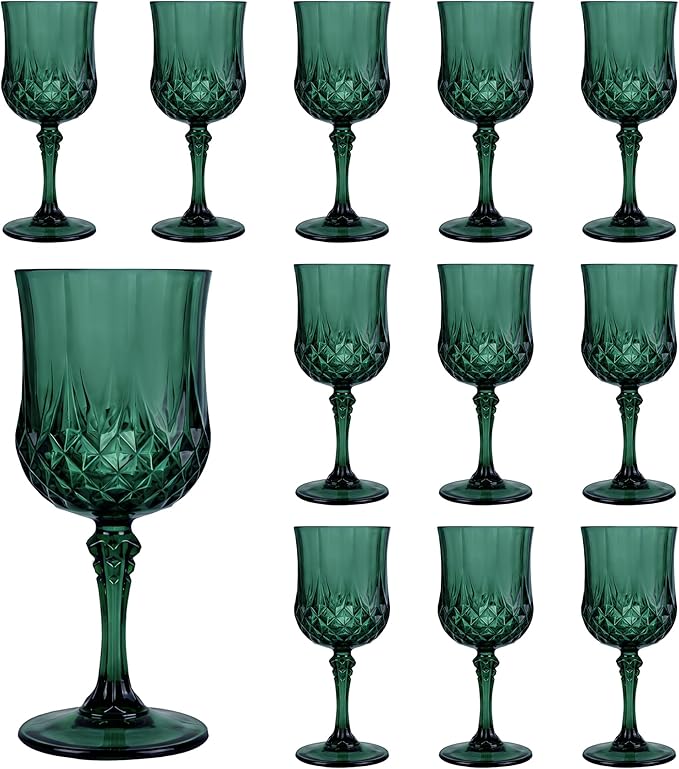 Plastic Wine Glasses, Plastic Goblets Vintage Style Cordial Unbreakable Drinking Glasses, Reusable Drinkware for Wedding Reception, Grand Event Party Supplies (12, Green)