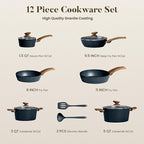 Kitchen Academy Pots and Pans Set Non Stick - 12 Piece Induction Kitchen Cookware Sets, Blue Granite Nonstick Cooking Pans Set
