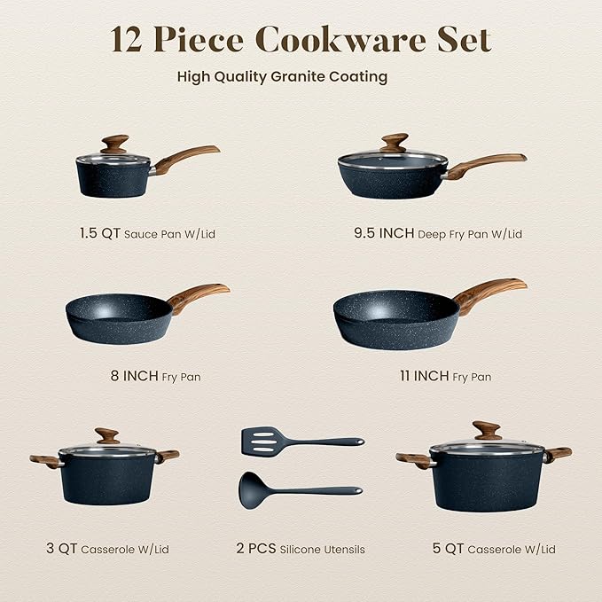 Kitchen Academy Pots and Pans Set Non Stick - 12 Piece Induction Kitchen Cookware Sets, Blue Granite Nonstick Cooking Pans Set