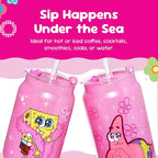 Dragon Glassware x SpongeBob SquarePants 16 oz Drinking Glasses Set of 2 - Glass Cups with Lids and Straws - Iced Coffee Cups with Lids - Reusable Glass Tumbler with Straw and Lid - SpongeBob - Pink