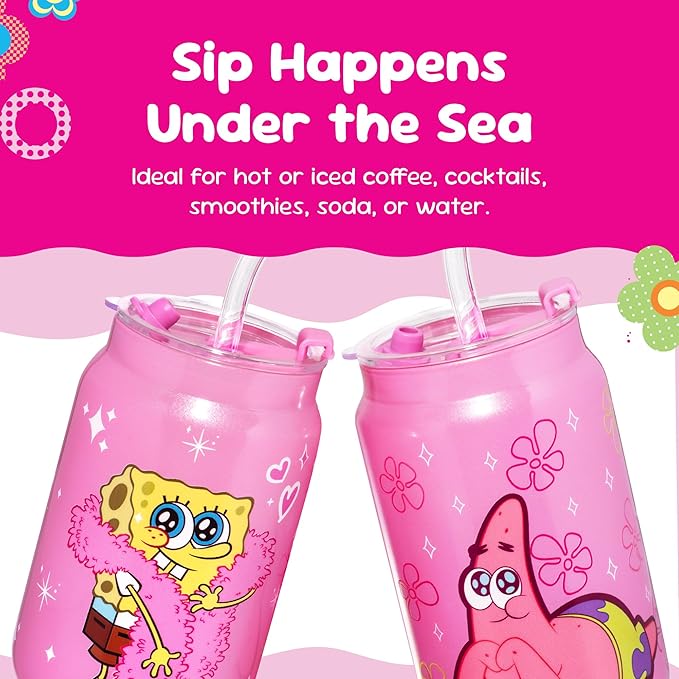 Dragon Glassware x SpongeBob SquarePants 16 oz Drinking Glasses Set of 2 - Glass Cups with Lids and Straws - Iced Coffee Cups with Lids - Reusable Glass Tumbler with Straw and Lid - SpongeBob - Pink