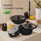 Redchef 16pcs Ceramic Pots and Pans Set Non Stick, Nonstick Kitchen Cookware Set with Detachable Handle, Non Toxic, PFAS PFOA & PTFE Free, RV Cookware Set for Camping, Dishwasher/Oven Safe (Black)
