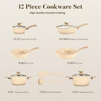 Kitchen Academy 12-Piece Induction Cookware Set, Nonstick Granite Pots and Pans in Beige