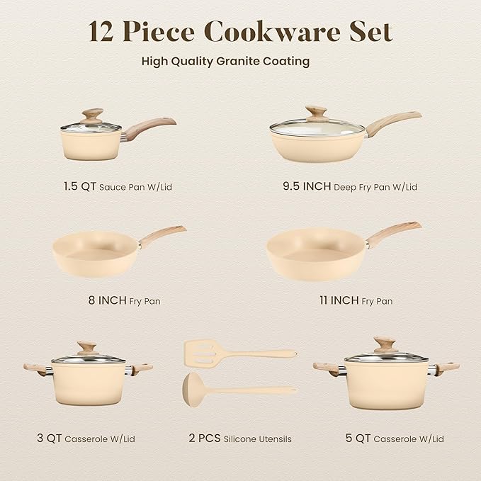 Kitchen Academy 12-Piece Induction Cookware Set, Nonstick Granite Pots and Pans in Beige