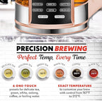 Gourmia Electric Glass Kettle – 1.7L Programmable Tea & Coffee Brewer with Digital Touch Display, 6 Presets, Removable Stainless Steel Infuser, Cordless with 360° Swivel Base, Peach