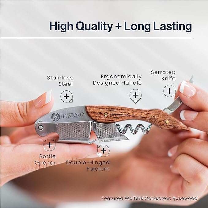 Hicoup Wine Opener - Professional Corkscrews for Wine Bottles w/Foil Cutter and Cap Remover - Manual Wine Key for Servers, Waiters, Bartenders and Home Use - Stainless Steel With Jade Resin Inlay