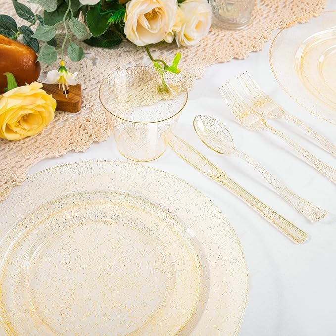 WELLIFE 300 PCS Gold Glitter Dinnerware Set for 50 Guests, Disposable Plastic Plates for Party, 50 Dinner Plates, 50 Salad Plates, 50 Cups Forks Knives Spoons for Wedding and Party Supplies