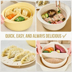 48oz Platinum Silicone 3 Compartmented Microwave Steamer Pot with Handle & Lid - Korean 100% Food-Grade Steamer Bowl, Heat-Resistant Cooker with Steam Holes, Easy Clean, Dishwasher Safe, Yellow