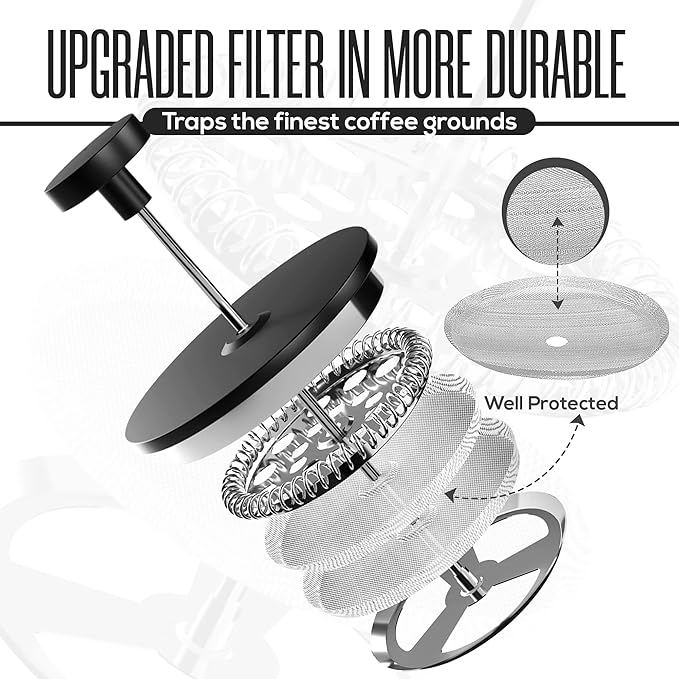 Utopia Kitchen 304 Grade Stainless Steel French Press Coffee Maker 50 Oz, Double Wall Insulated Coffee Press with 4-Level Filtration system, Include 2 Extra Filters, Rust-Free, Black