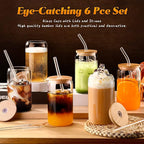 Glass Cups with Lids and Straws 6 pcs, 16 oz-DWTS Cute Tumbler,Beer Drinking Glasses,Clear for Iced Coffee, Tea with Bamboo Lids for Gifts