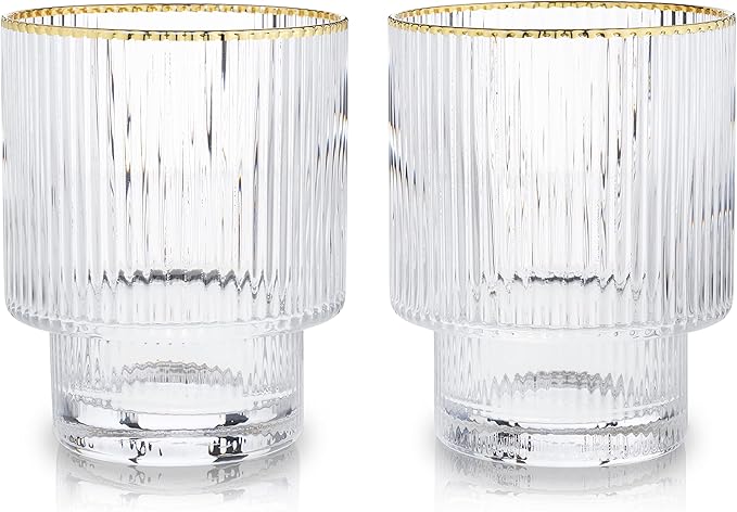 Viski Meridian Lowball Glasses Set of 2 - Premium Crystal Clear Vintage Drinking Tumblers for Whiskey, Scotch & Bourbon in Art Deco Ripple Glassware Design, Gold Rimmed Glassware Gift Set, 10.5 oz