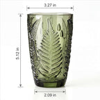 Vintage Green Drinking Glass, 12 oz Hand-Pressed Deep Textured Glass Cup, Fern Embossed Retro Glassware, Decorative Tumbler for Water, Cocktails & Juice, Boho Colored Kitchen Drinkware, Unique Gift