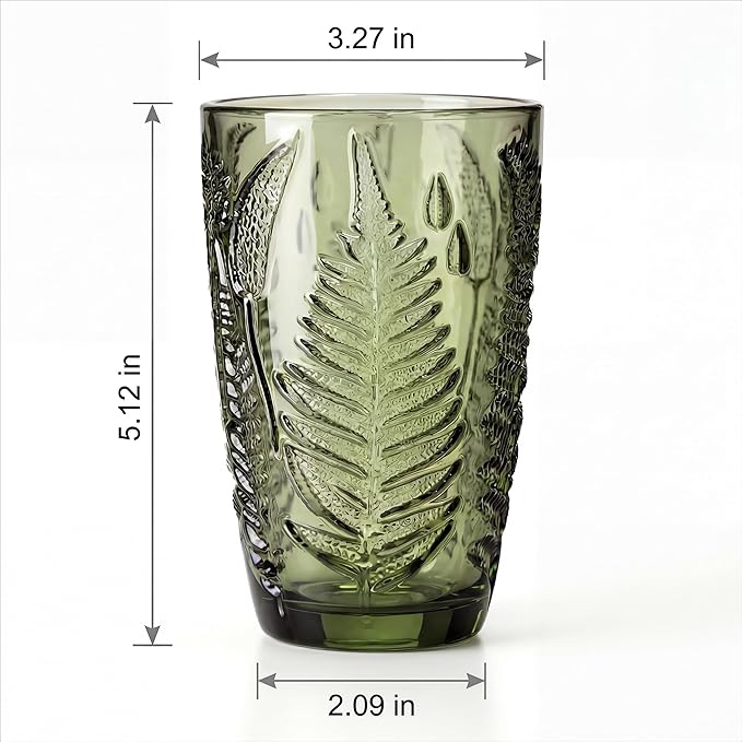Vintage Green Drinking Glass, 12 oz Hand-Pressed Deep Textured Glass Cup, Fern Embossed Retro Glassware, Decorative Tumbler for Water, Cocktails & Juice, Boho Colored Kitchen Drinkware, Unique Gift