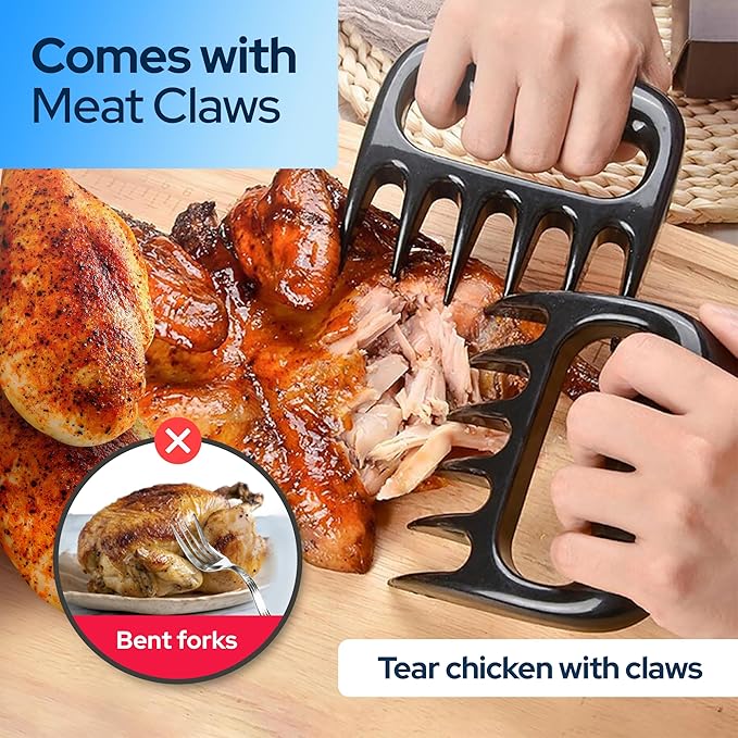 3 Layer Pro Chicken Shredder with Removable Tray, Meat Claws, Brush - 10'' Chicken Breast Shredder Tool Twist, Meat Grinder Machine, Meat Shredder, Anti-Slip - For Chicken Beef Pork Veg