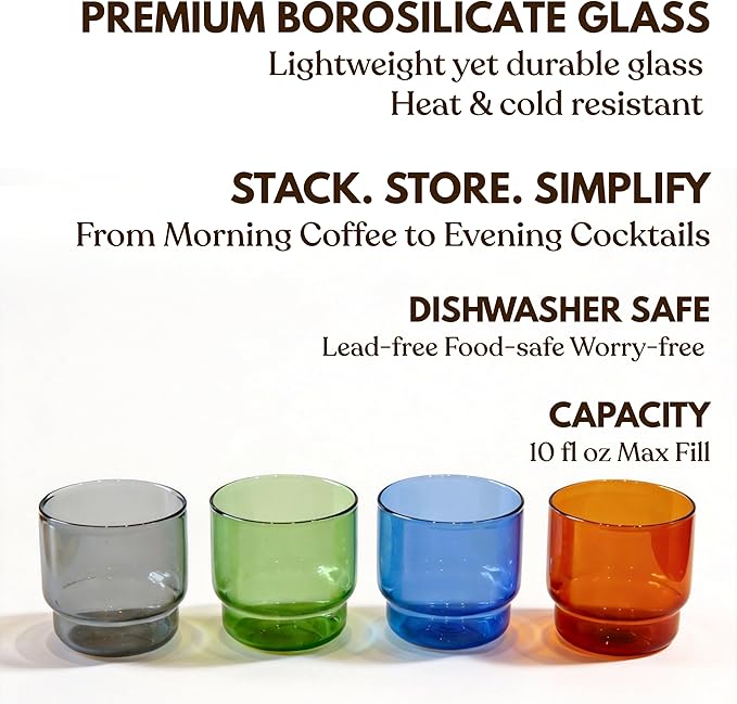 Double Old-Fashioned Glasses Set Of 4 10oz Stackable Borosilicate Glass Cups Retro Color for Wine Cocktails Mocktails Modern Barware Gift Small Bodega Glasses Dishwasher Safe