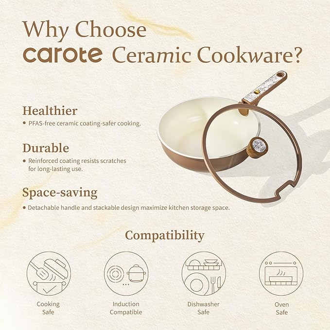 CAROTE 25-Piece Ceramic Cookware Set, Nonstick Pots and Pans Set with Detachable Handle, Non-Toxic Kitchen Cooking Set, Dishwasher & Oven Safe, Induction Compatible, PFAS Free, Chocolate