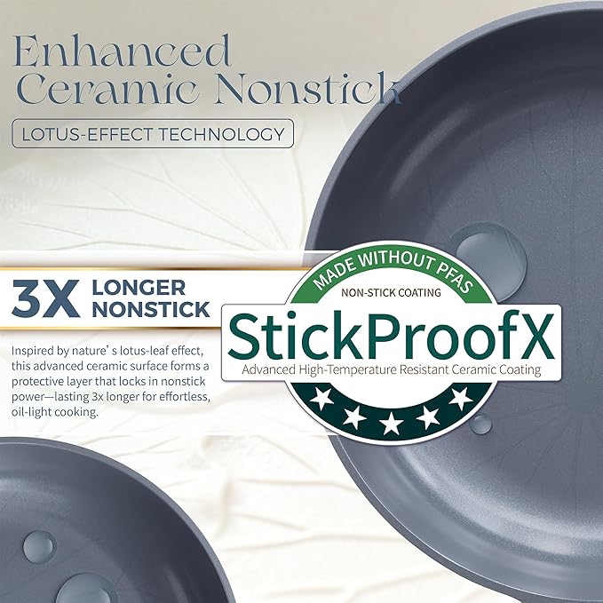 PRICUSIS Ceramic Pots and Pans Set Nonstick, 21Pcs Nontoxic Induction Cookware Set, 100% Dishwasher Safe, Stay Cool Handle, Fully Coated, PTFE PFOA & PFAS Free (Blueberry Gray）